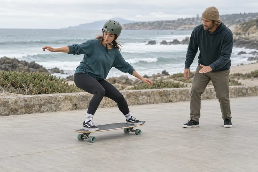 Imagen generada con IA de una práctica de surfskate con instructor