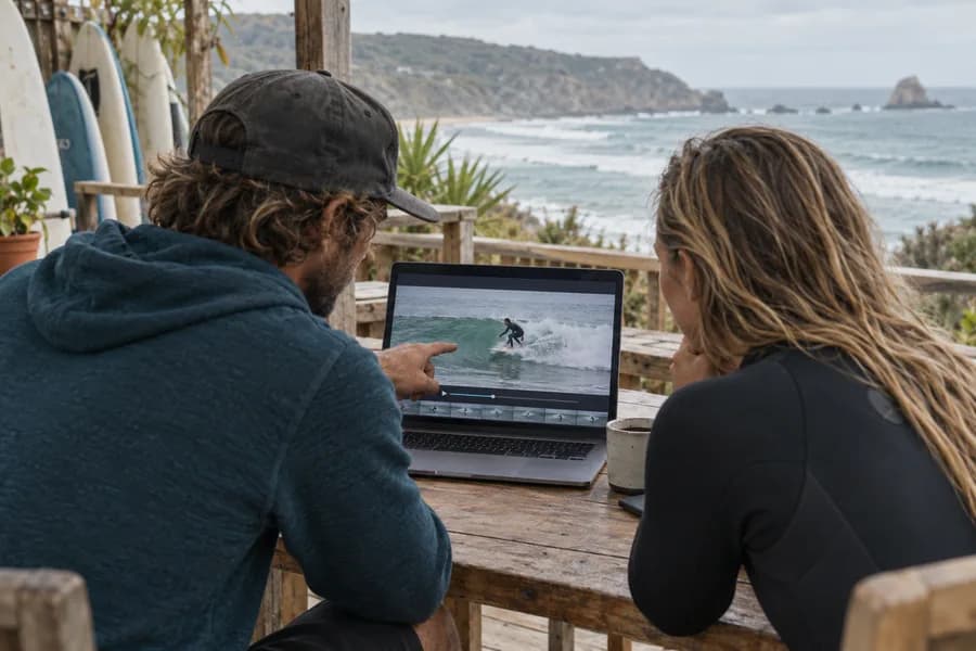Imagen generada con IA de un instructor y un alumno revisando un video de surf